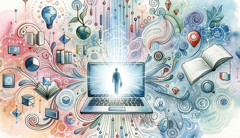 A watercolor illustration of a laptop with icons surrounding it.